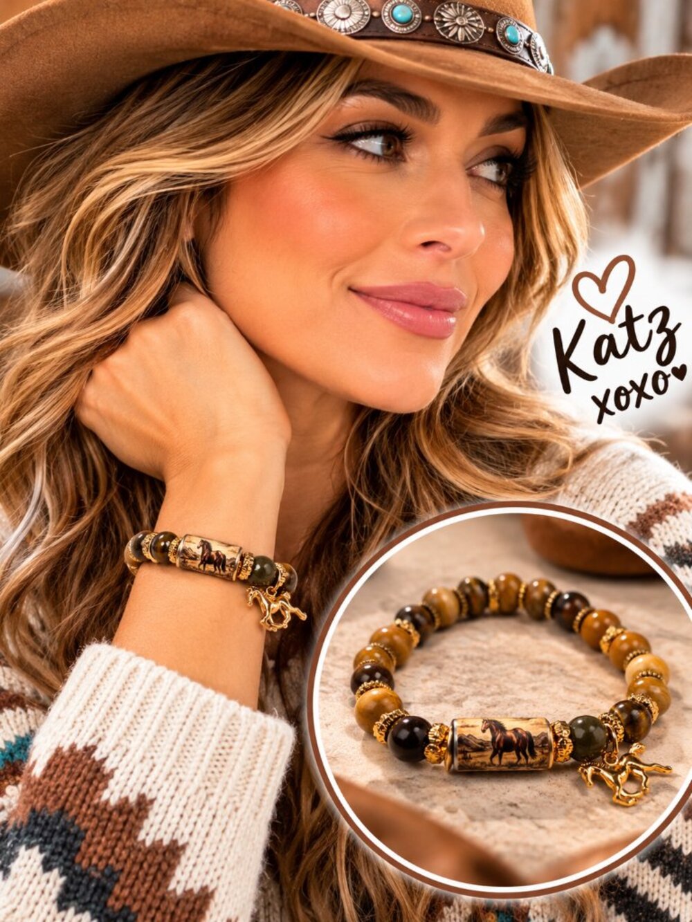 Tiger Eye Horse Bracelet Western Cowgirl Equestrian Stretch Beaded Charm Jewelry